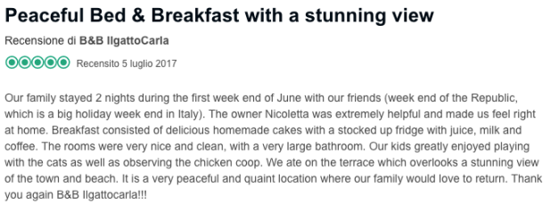 Screenshot of a review on Tripadvisor on 5th July 2017. Title: Peaceful Bed & Breakfast with a stunning view. Click to read the review